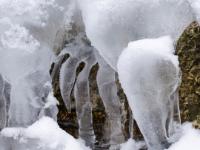 Neuschnee bedeckt Eisfiguren in Fingerform an Felsen im Lochgrabenbach